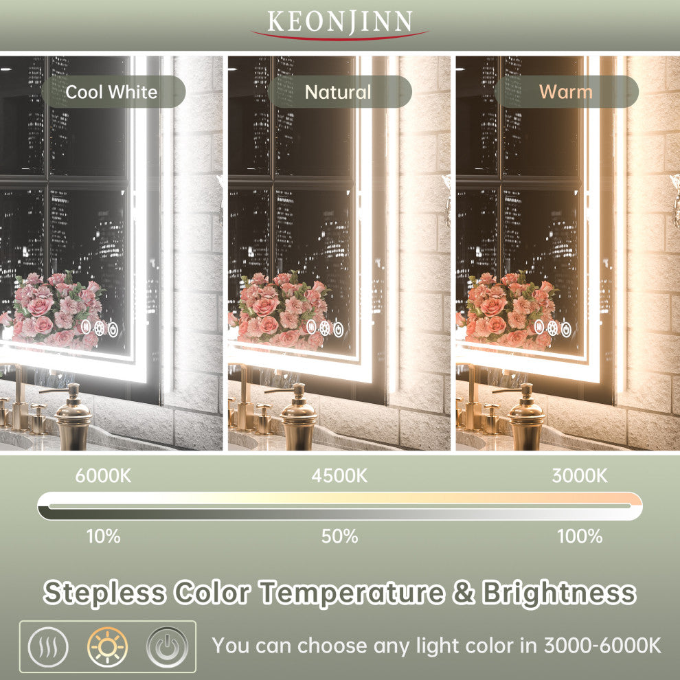 Bathroom Wall Mirror, Frontlit/Backlit, Dimmable, 72"x36"