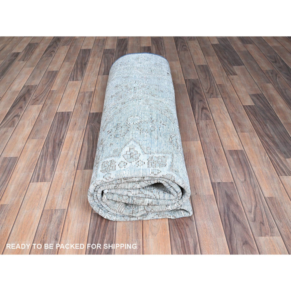 Medium Turquoise Pure Wool Hand Knotted Vintage Persian Tabriz Rug 7'1"x10'7"