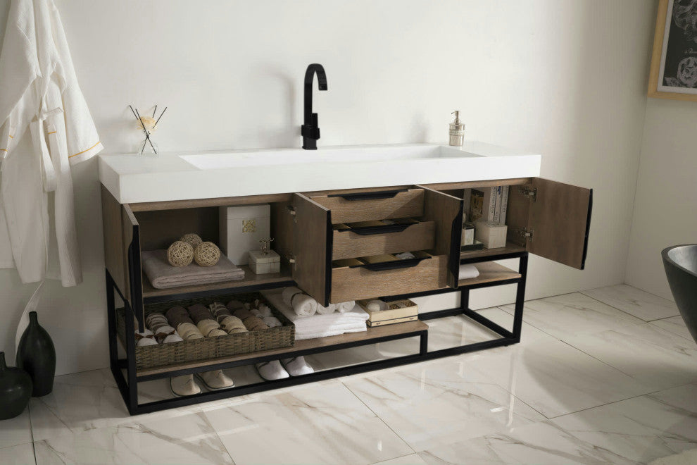 Columbia 72" Single Vanity, Latte Oak, Matte Black, Glossy White Composite Top