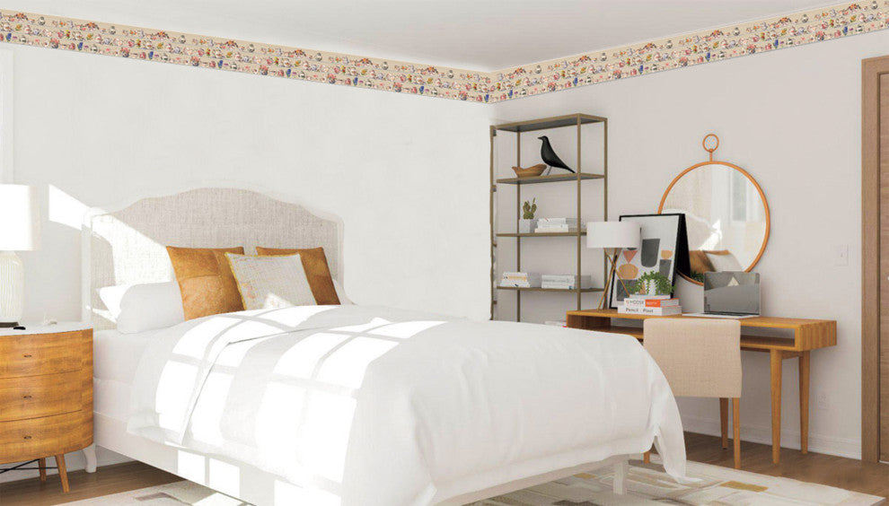 Flowers, Teapots Peel and Stick Wallpaper Border 15'x7"