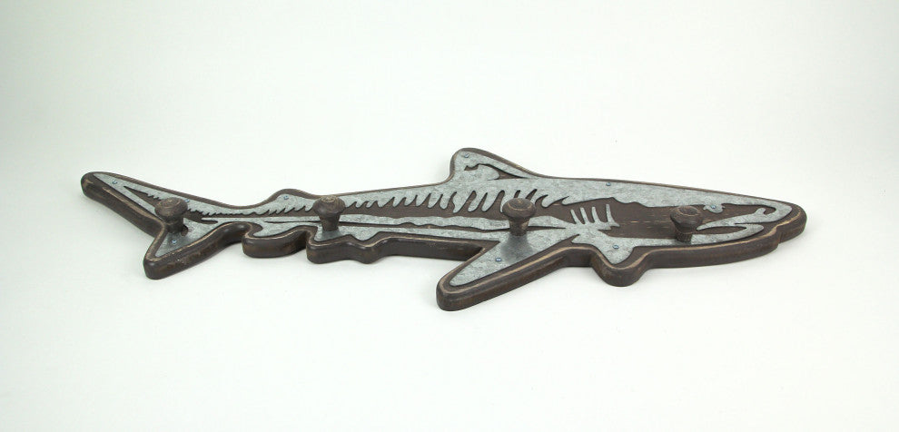 33 Inch Distressed Wood Shark Wall Hook Rack Metal Accents Ocean Art Sculpture