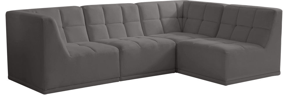 Relax Velvet Upholstered 4-Piece L-Shaped Modular Sectional, Grey