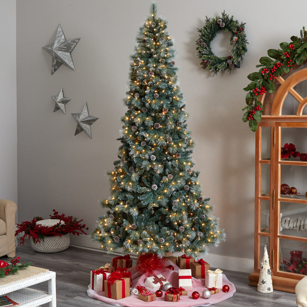 9' Frosted Tip British Columbia Mountain Pine Faux Xmas Tree W/Lights & Pinecone