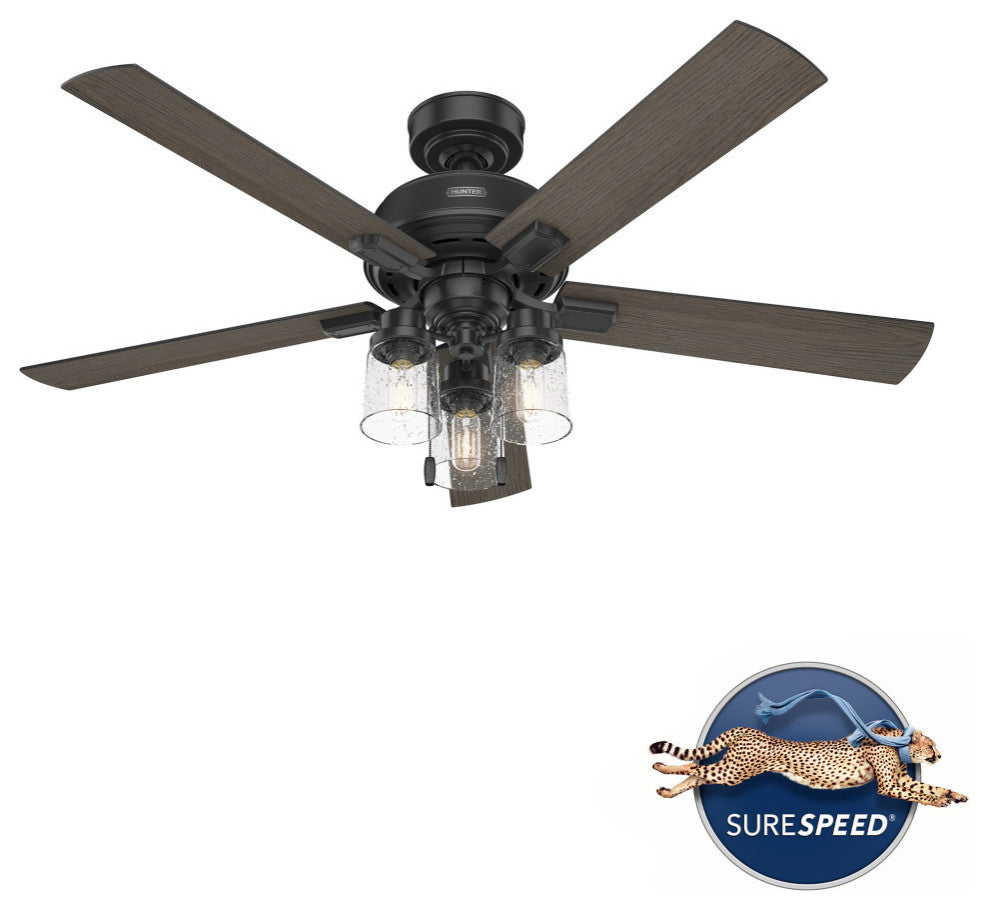 Hunter 52" Hartland Matte Black Ceiling Fan, LED Light Kit, Pull Chain