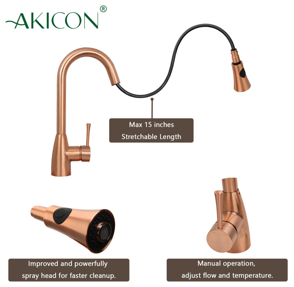 Copper Pull Down Kitchen Faucet, Single Level Solid Brass Kitchen Sink Faucets