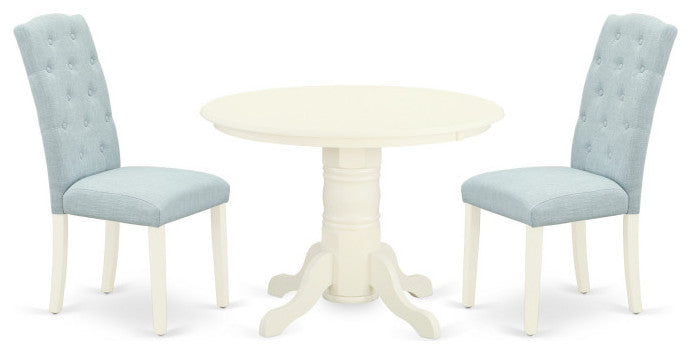 3Pc Dinette Set, Round Dining Table, Two Parson Chairs, Baby Blue Fabric, White