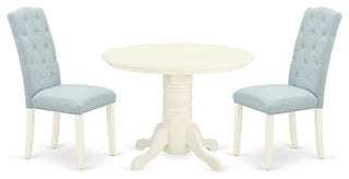3Pc Dinette Set, Round Dining Table, Two Parson Chairs, Baby Blue Fabric, White