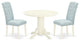 3Pc Dinette Set, Round Dining Table, Two Parson Chairs, Baby Blue Fabric, White