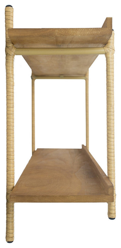 36 Inch Modern Wood Two Tier Shelf, Rattan Braiding, Brown, Gold