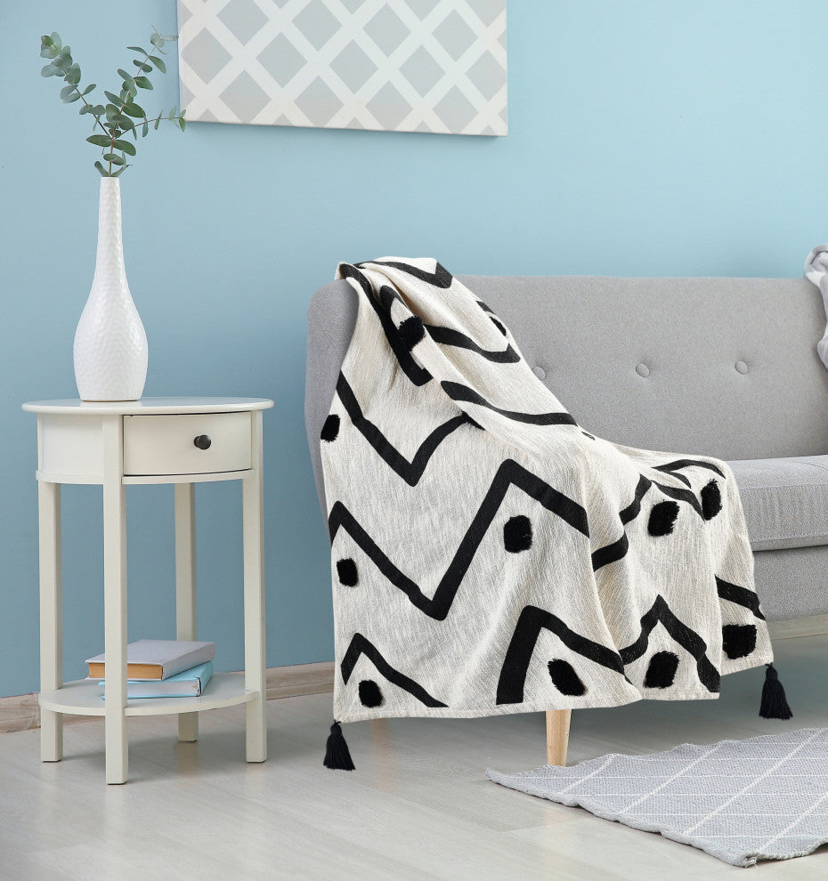 Modern Boho Tufted Polka Dot Peaks Cotton Throw Blanket, 50" x 60"
