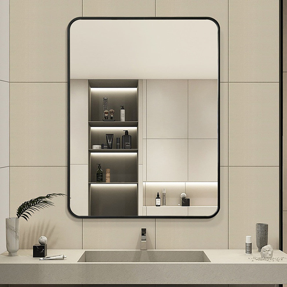 Geneva 23.6 in. x 31.5 Black Rectangular Rounded Framed Bathroom Mirror