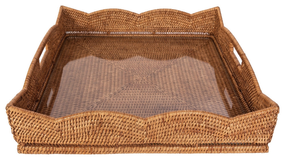 Artifacts Rattan™ Square Tray With Glass Insert, Honey Brown, 20"x20"x4.5"
