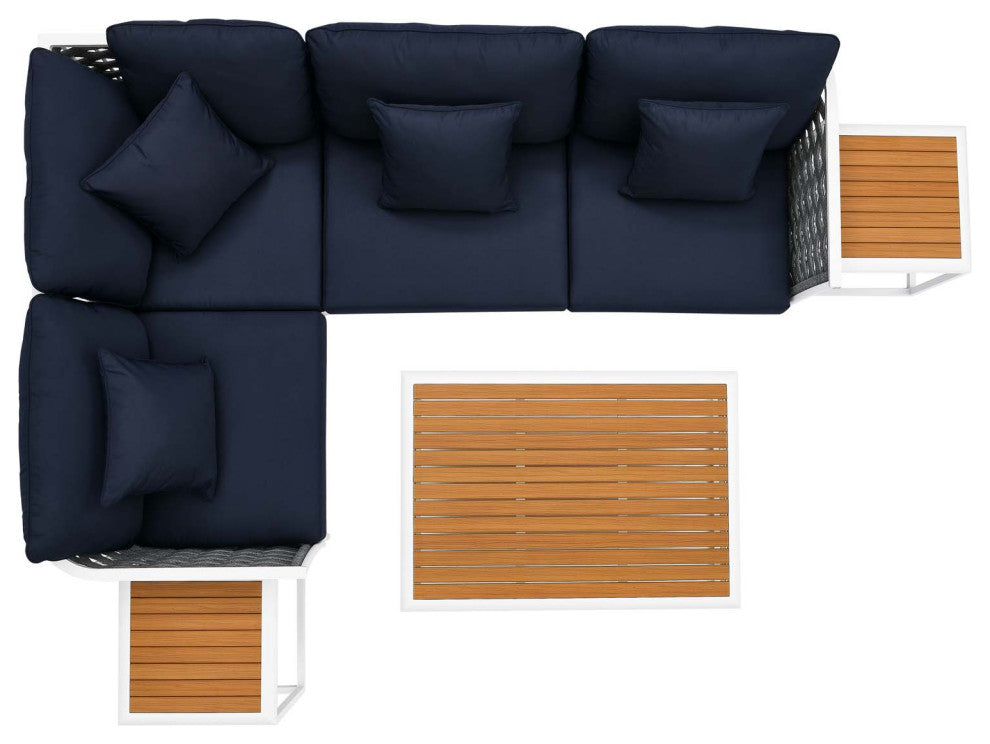 Lounge Sectional Sofa Chair Table Set, Navy White, Aluminum, Modern, Outdoor