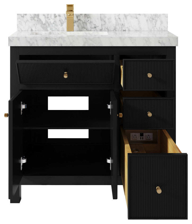 Sonoma 36 Left Offset Reeded  Bath Vanity in Black 2" Carrara Marble