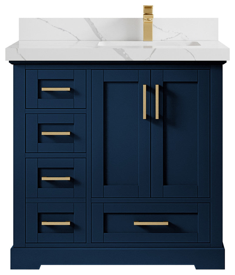 Boston 36 Right Offset Bath Vanity in Navy Blue 2" Calacatta Laza