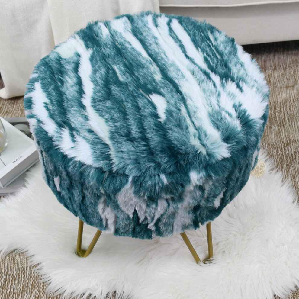Fauxfur Ottoman Round Fuzzy Entryway Bench, Deep Teal, 18"x18"x18"