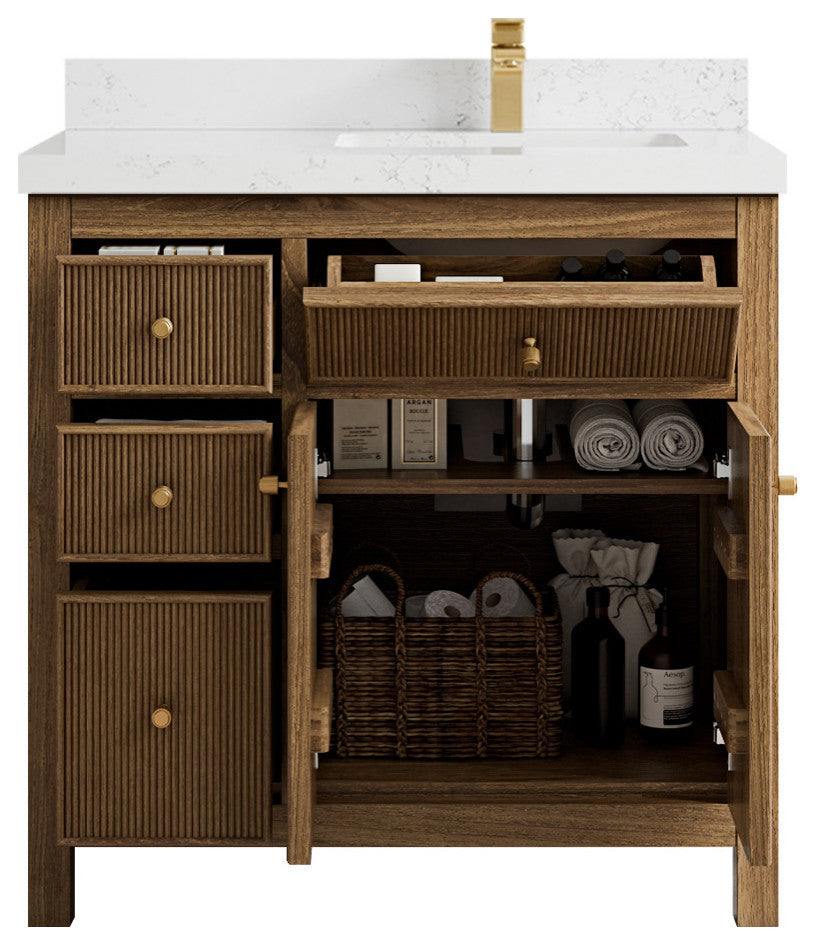 Sonoma Teak 36 Right Offset Bath Vanity in Dark Natural with 2" Empira Quartz