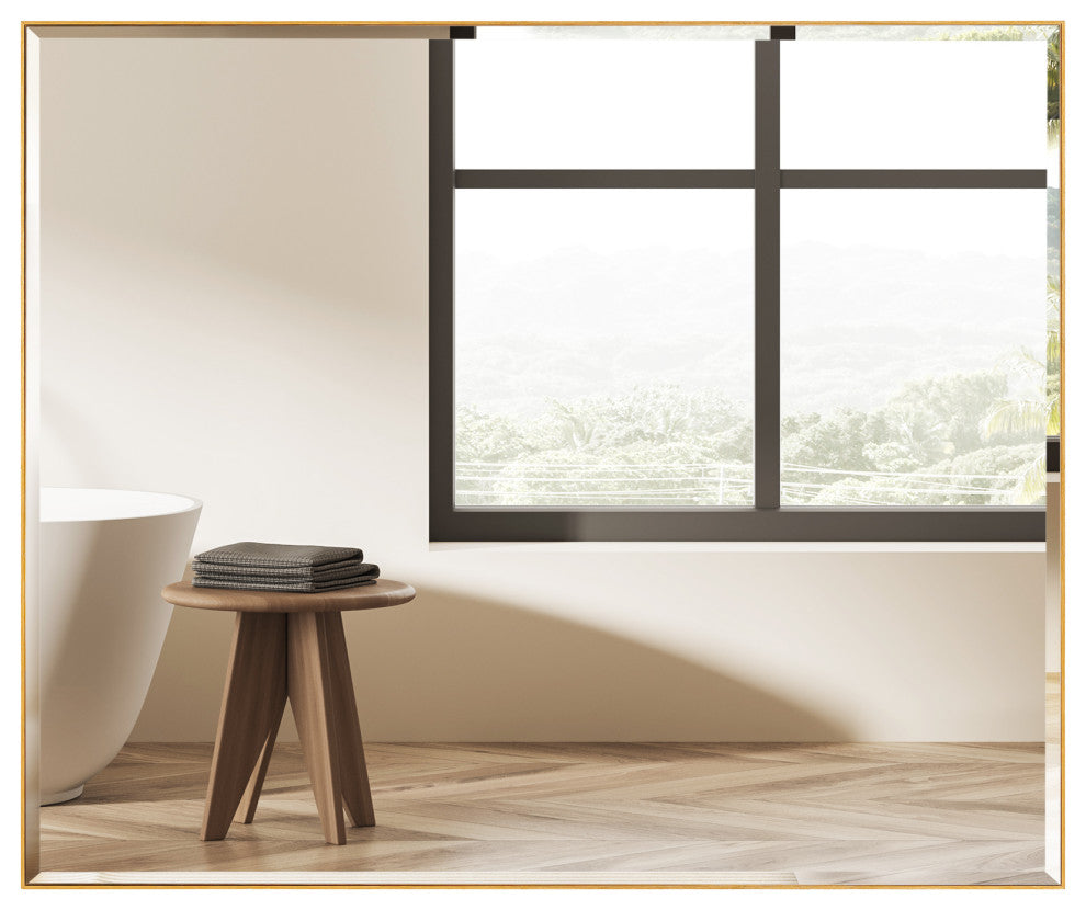 Rectangle Aluminum Framed Wall Mounted Mirror With Beveled Edge, Gold, 30"x36"