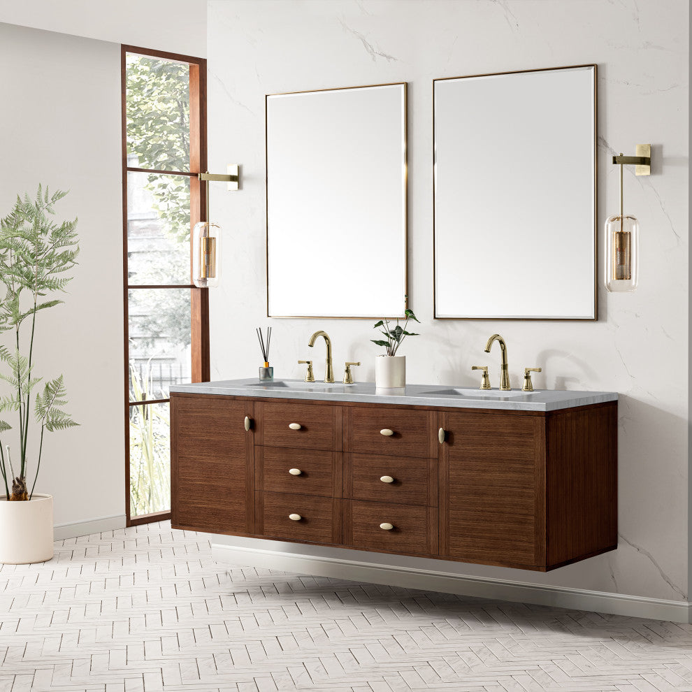 Amberly 72" Double Vanity, Mid-Century Walnut, 3CM Arctic Fall Top