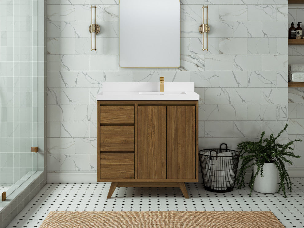 Madison  Teak 36 Right Offset Bath Vanity Golden Teak 2" White Quartz
