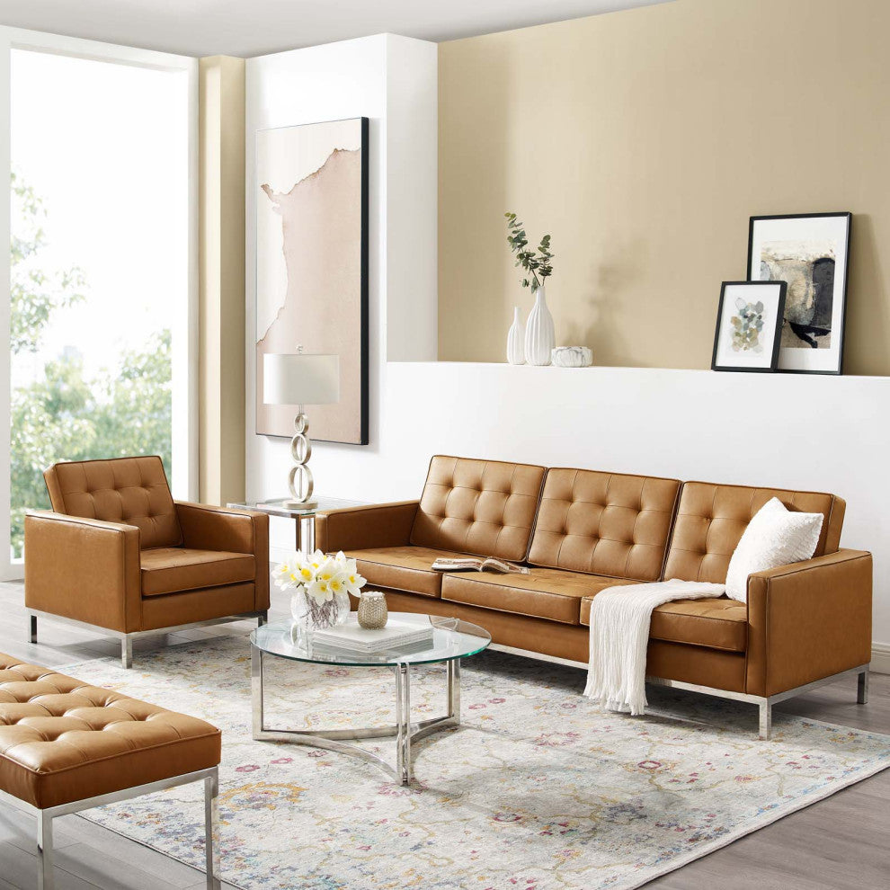 Tufted Armchair and Sofa Set, Faux Leather, Silver Tan, Modern, Lounge