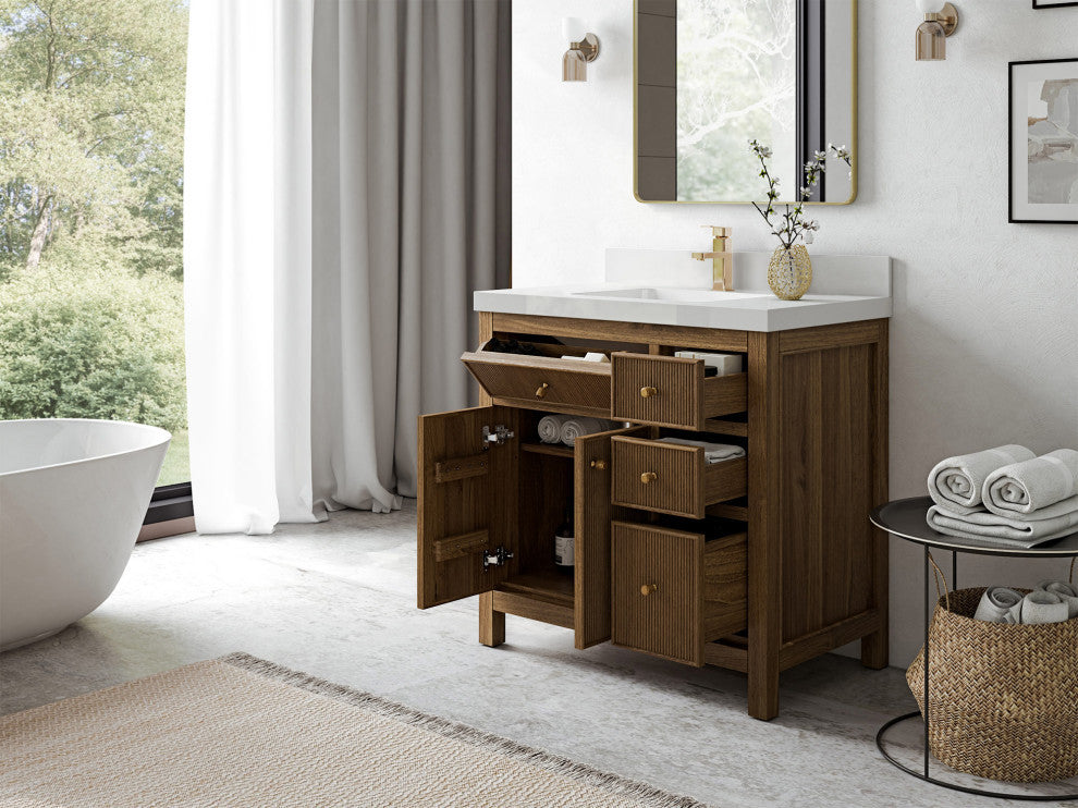 Sonoma Teak 36 Center Sink Bath Vanity in Dark Natural with 2" Calacatta Nuvo
