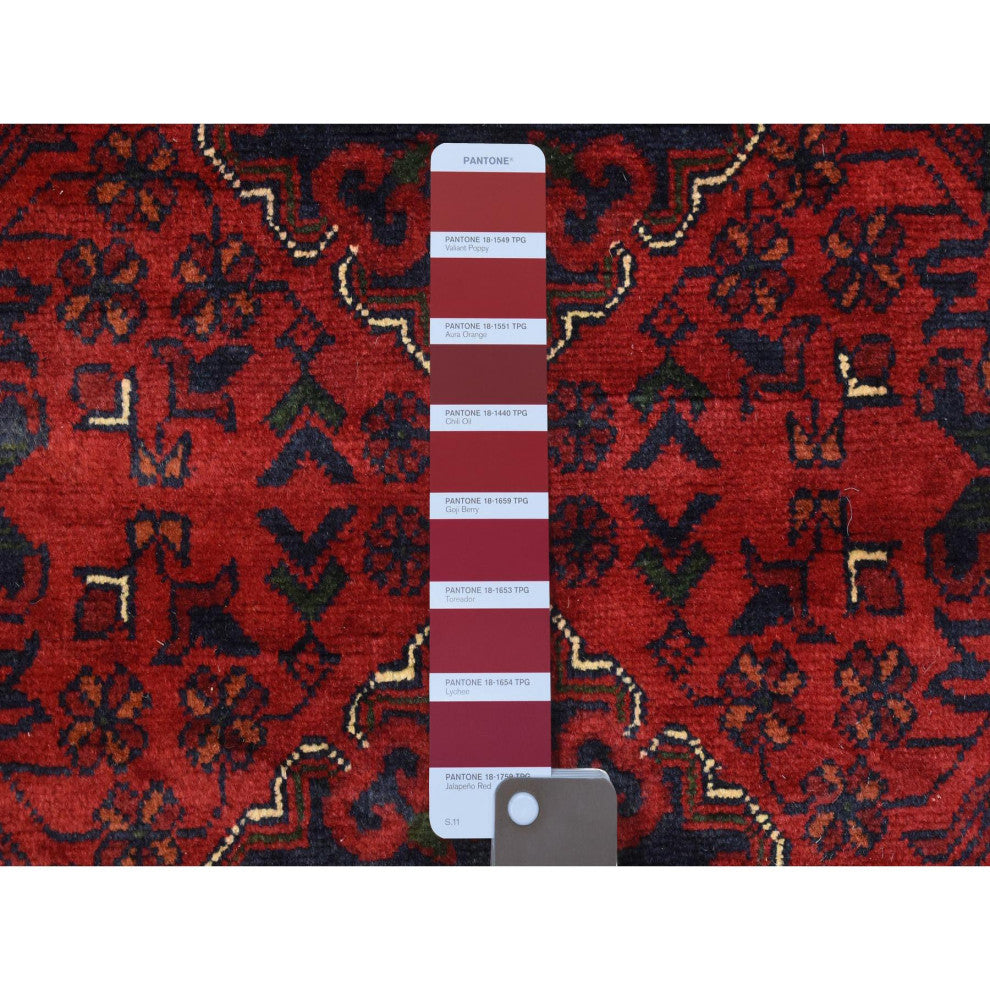 Red, Afghan Khamyab, Soft Wool Hand Knotted Runner Rug, 2'10"x13'0"