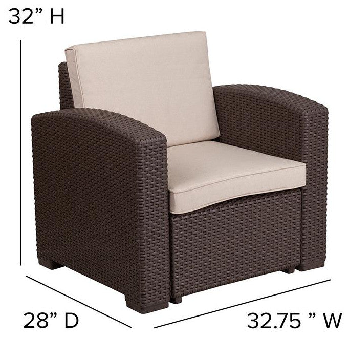 4 Piece Outdoor Faux Rattan Chair, Sofa and Table Set in Chocolate Brown