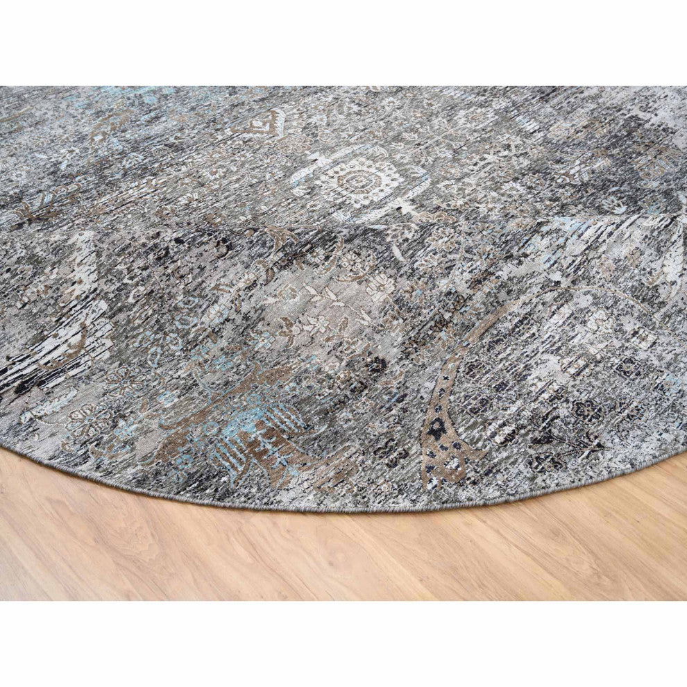 Gray, Silk with Textured Wool, Hand Knotted, Modern, Round, Rug, 11'10" x 11'10"