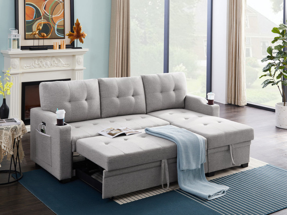 Mabel Fabric Sleeper Sectional With Cupholder, USB and Pocket, Light Gray, Linen