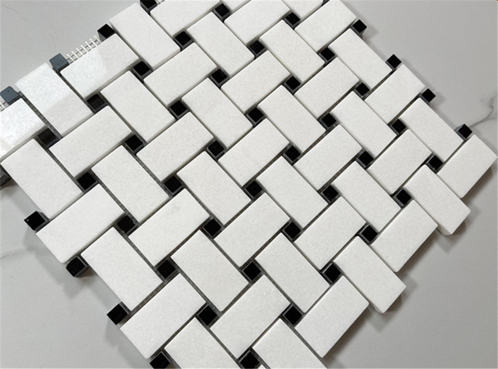Thassos White Marble Basketweave Mosaic Vintage Bathroom Tile Polished, 1 sheet