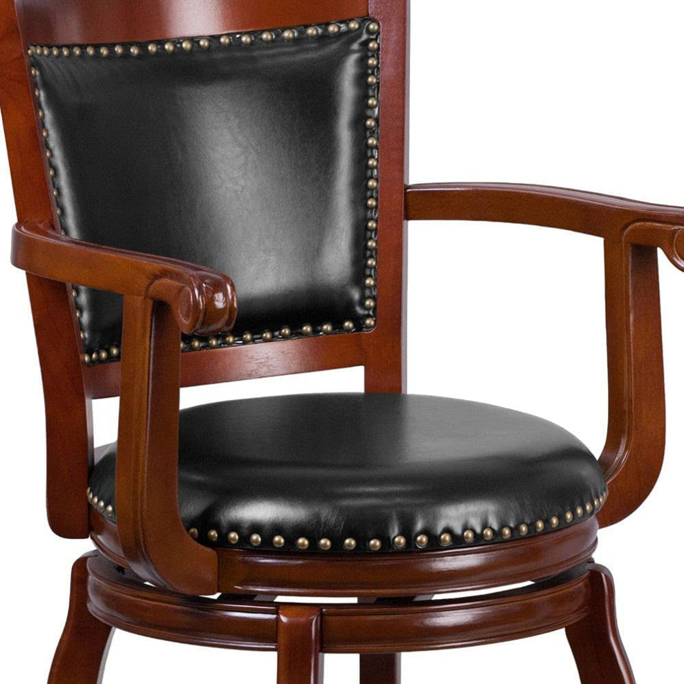 Contemporary Bar Stool, Cherry Finished Frame & Swivel Black LeatherSoft Seat