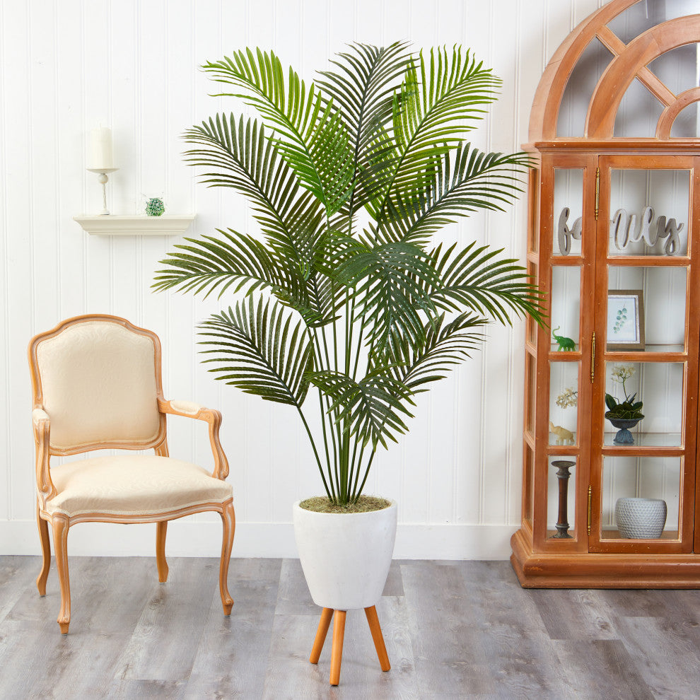 6.5' Golden Cane Artificial Palm Tree, White Planter With Stand