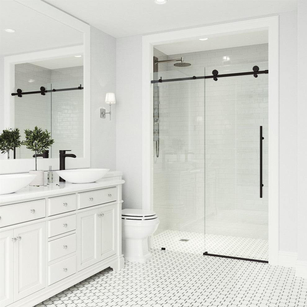 VIGO Elan E-Class 68" to 72" W x 76" H Frameless Sliding Shower Door, Matte Black, Clear Glass