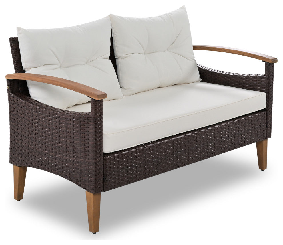 4-Piece Outdoor Wicker Patio Sofa Set with Wood Table and Removable Cushions, Beige