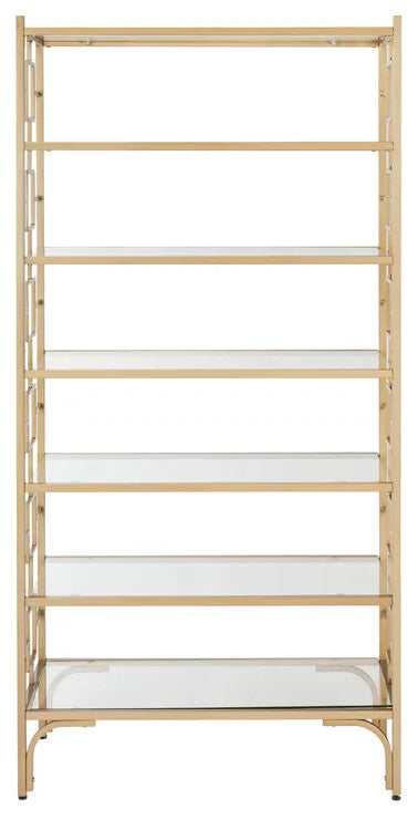 Contemporary Bookcase, Clear Glass Shelves With Geometric Accented Sides, Gold
