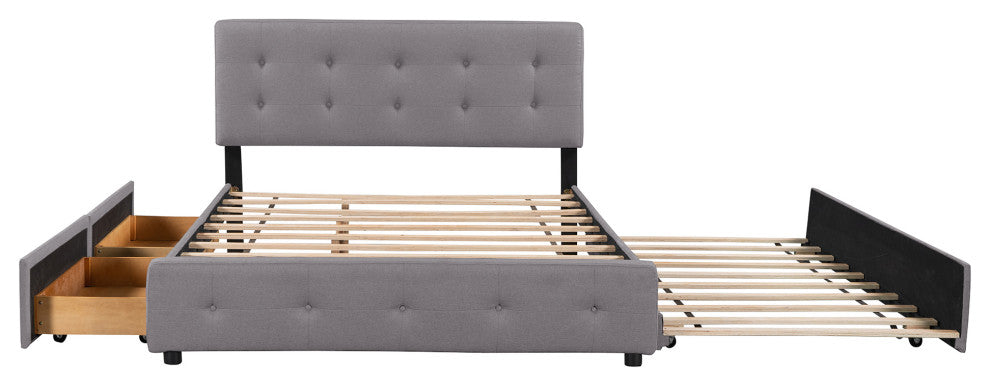 Queen Wood Frame Platform Bed with Drawers and Twin XL Trundle, Grey, Queen