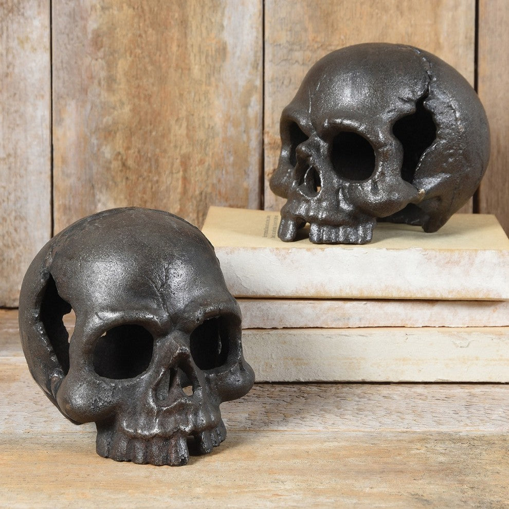 Luxe Broken Skull Cast Iron Statue, Retro Halloween Metal