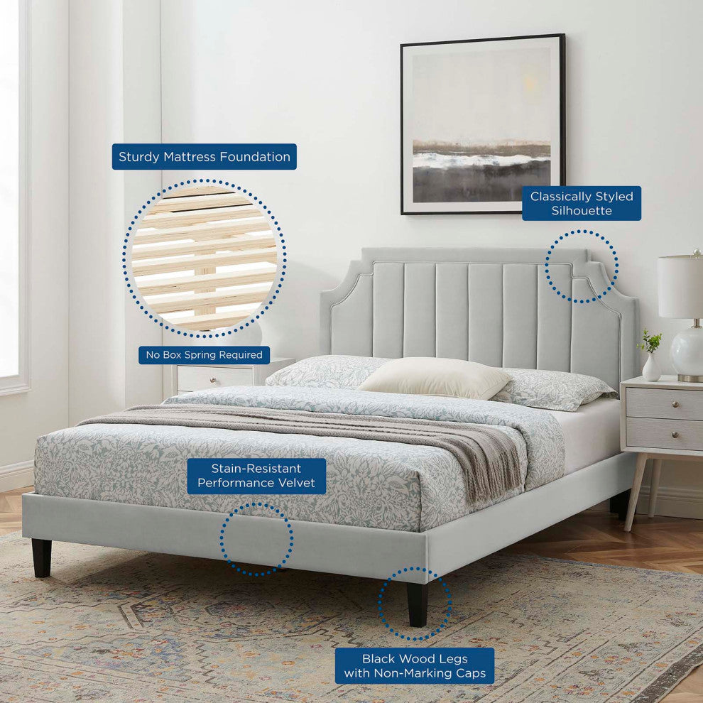 Platform Bed Frame, Full Size, Velvet, Light Grey Gray, Modern Contemporary