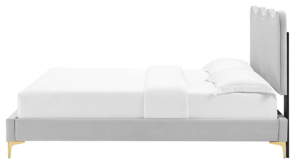 Platform Bed Frame, King Size, Gray, Velvet, Modern, Bedroom Guest Suite