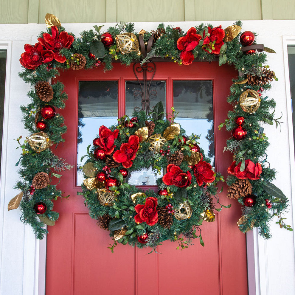 9' Artificial Christmas Garland With Lights Red Magnolia
