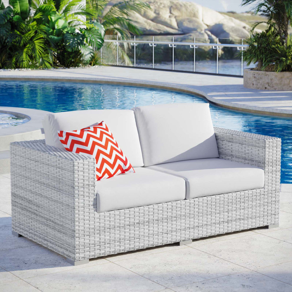 Lounge Loveseat Sofa, Rattan, Wicker, Gray White, Modern, Outdoor Patio