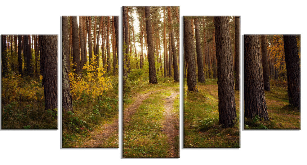 Road through Thick Fall Forest, Modern Forest Canvas Art, 60"x32", 5 Panels
