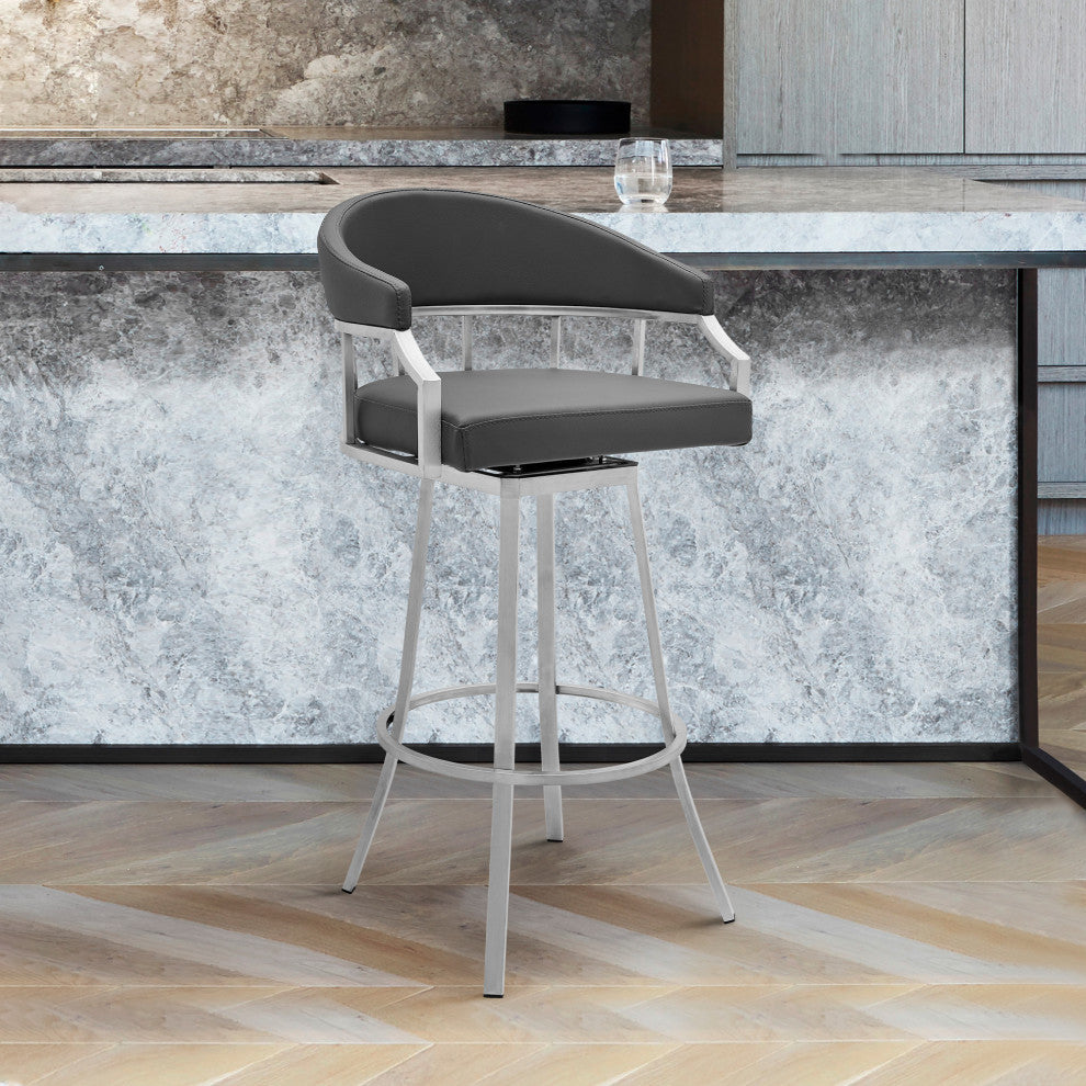 Palmdale Swivel Faux Leather Stool, Gray/Brushed Stainless Steel, 30" Bar Height