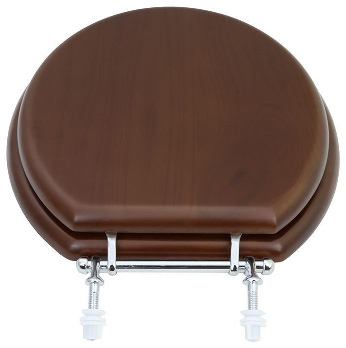 Solid Wood Dark Oak Toilet Round Seat with Chrome Hinge