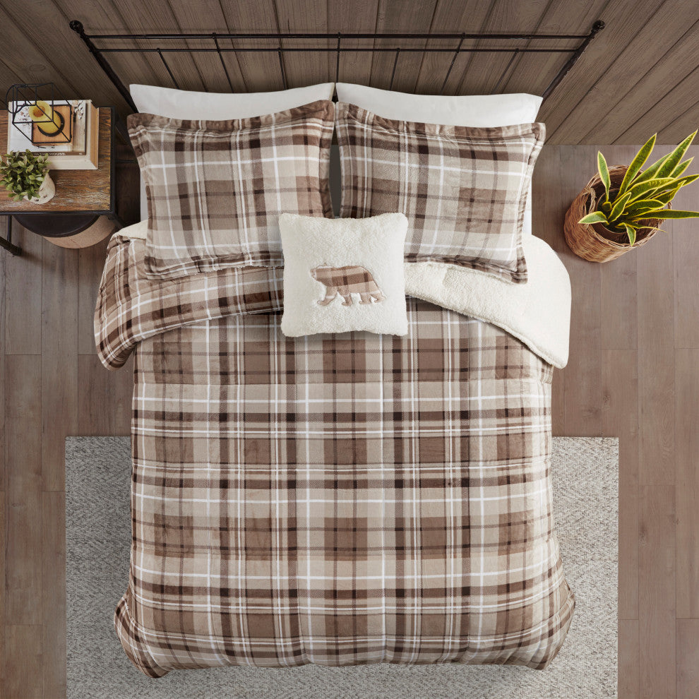 Woolrich Alton Plush to Sherpa Winter Comforter Set, Plaid Taupe, King