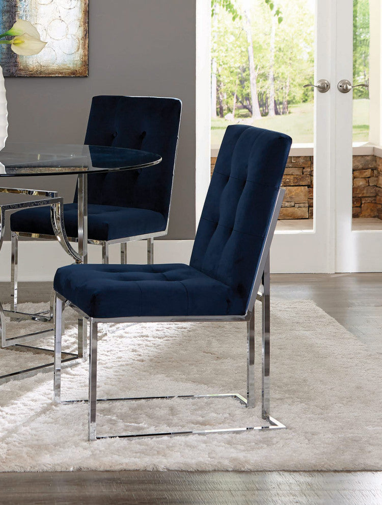 Set of 2 Fabic Dining Chairs, Blue and Chrome