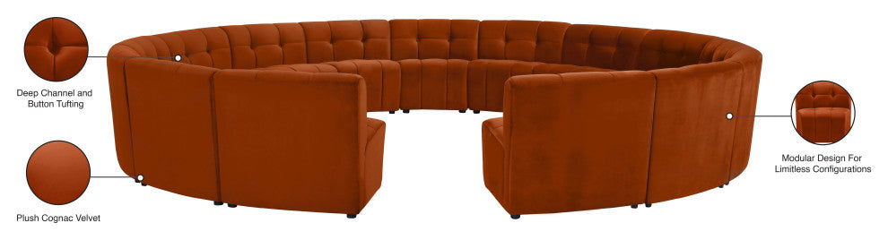 Limitless Velvet Upholstered 15-Piece Modular Sectional, Cognac