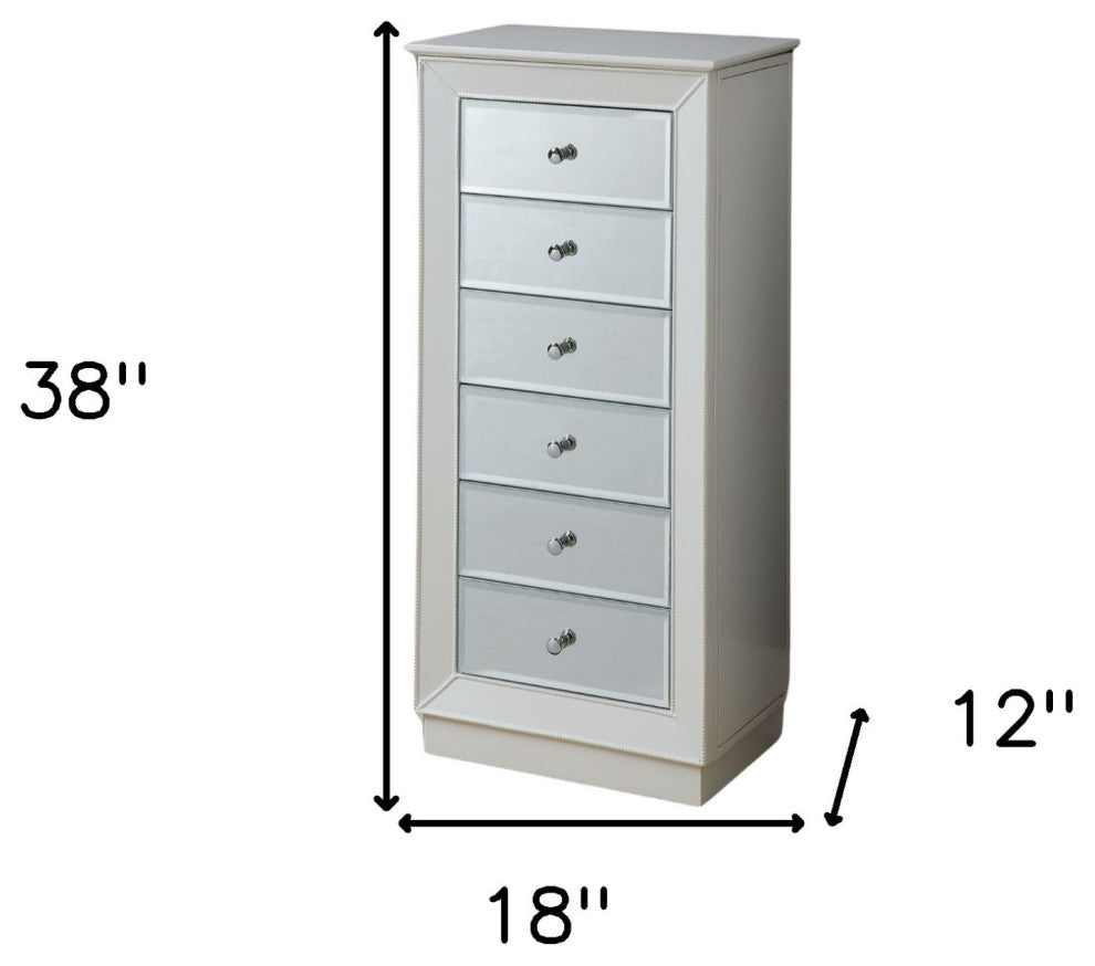38" White Six Drawer Wood and Mirrored Glass Jewelry Armoire