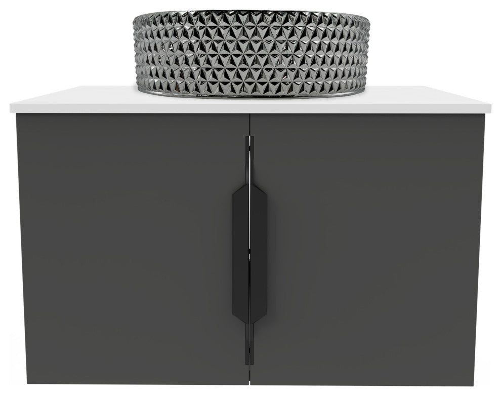 Wildsee Floating Vanity Set With Tempered Clear Glass Sink, Silver, 24", Black